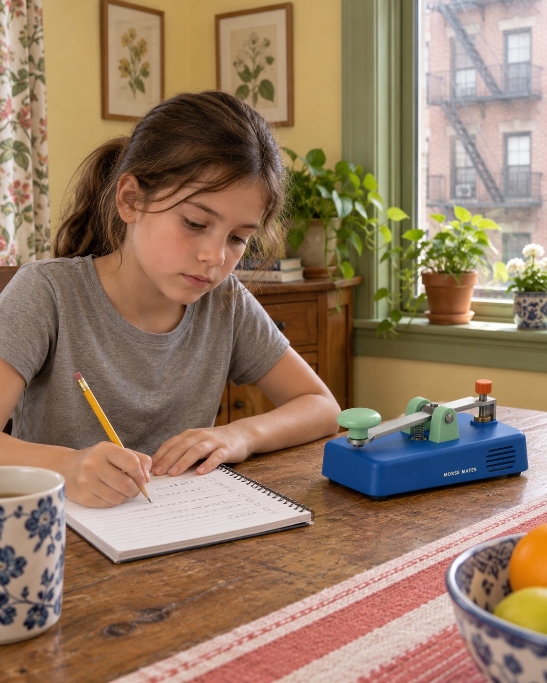 A girl in a gray T-shirt listens and transcribes a message beside a New York apartment window, with the blue Morse Mates key’s mint finger button turned toward her